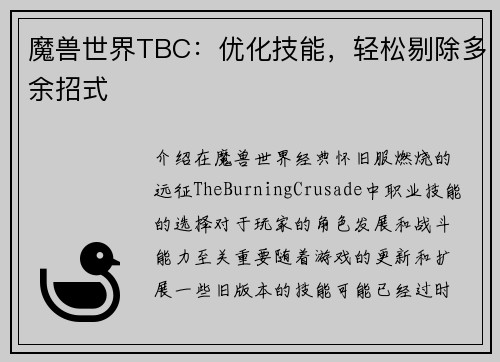 魔兽世界TBC：优化技能，轻松剔除多余招式