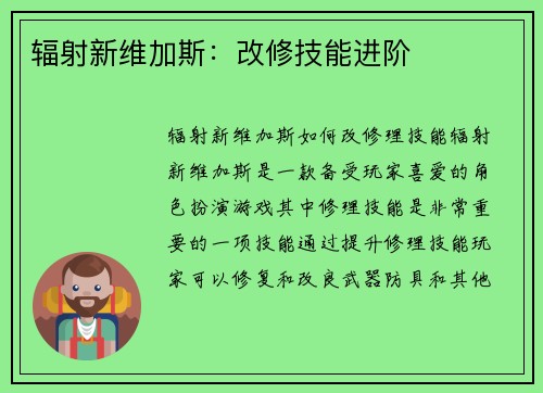 辐射新维加斯：改修技能进阶